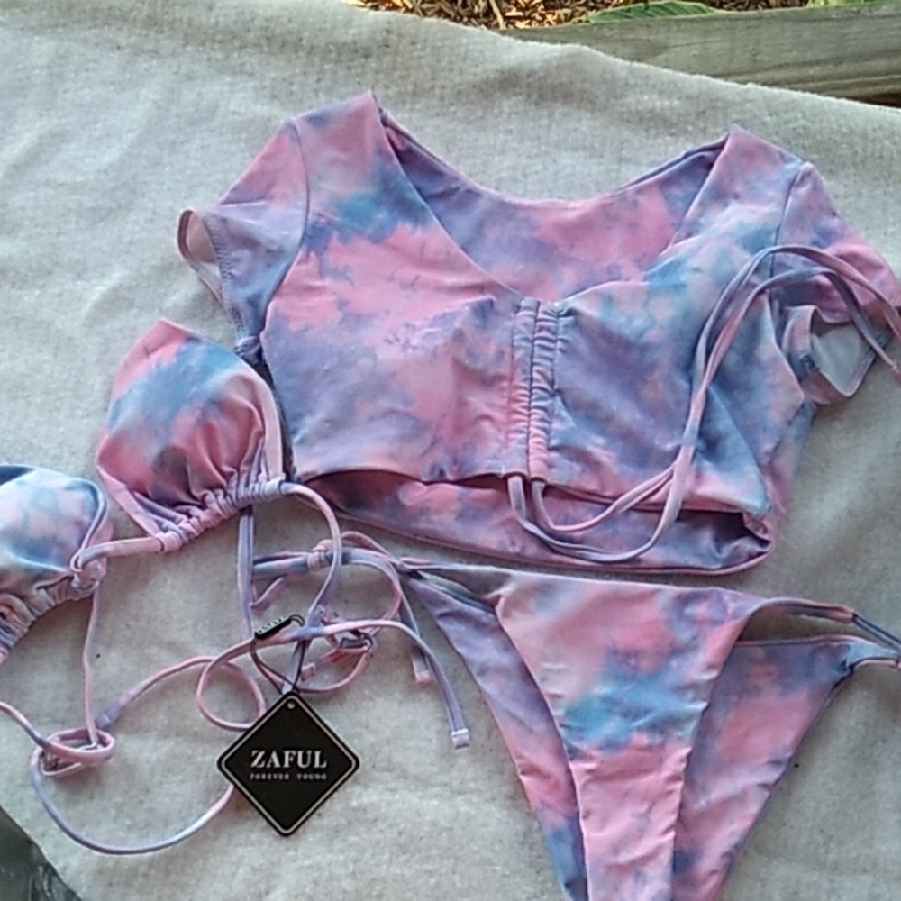 Zaful 3 piece nwt tie dye bikini 👙 pink purple sz 6